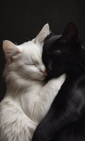 Black and white cat and black cat sleeping together on black background.の素材