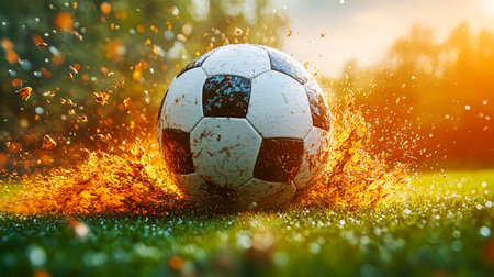 Soccer ball on the grass with splashes and drops of waterの素材