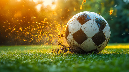 Soccer ball on green grass with bokeh background. Soccer concept.の素材
