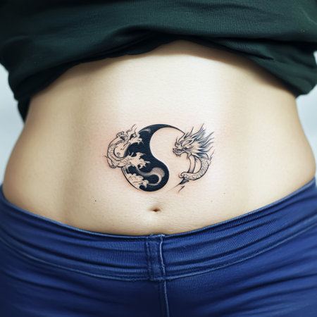 tattoo on the tummy of a girl with a dragonの素材