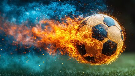 Soccer ball on the grass with fire flames and smoke background.の素材