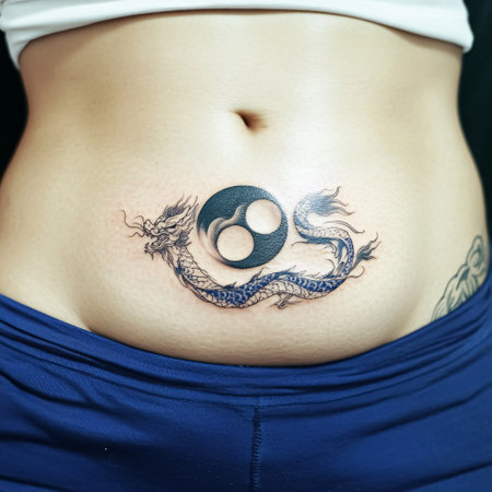 Close-up of a pregnant woman's belly with tattoo on itの素材
