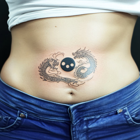 Tattoo on the stomach of a young woman, close-upの素材