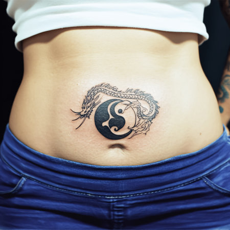 Tattoo of a woman's belly with a pair of tattoosの素材
