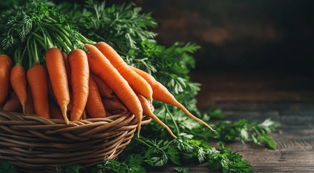 Bunch of fresh carrots with green leaves in a basket on wooden backgroundの素材