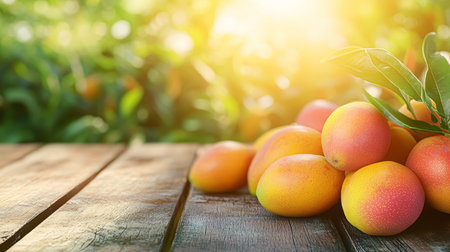 Ripe apricots on a wooden table in the garden.の素材