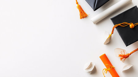 Graduation cap and diploma on white background with copy space. Education concept.の素材