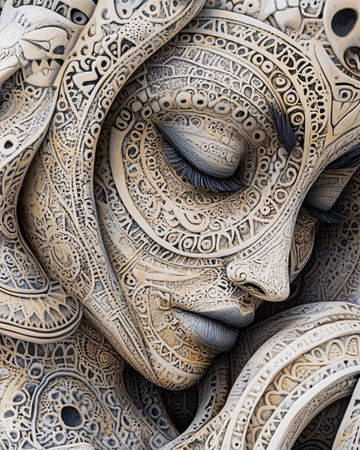 Close up of a beautiful sculpture of a woman's face with patterns.の素材