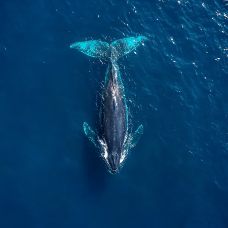 Aerial view of a humpback whale swimming in the ocean.の素材
