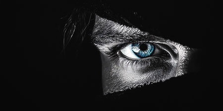 Beautiful woman's eye close-up on a black background.の素材