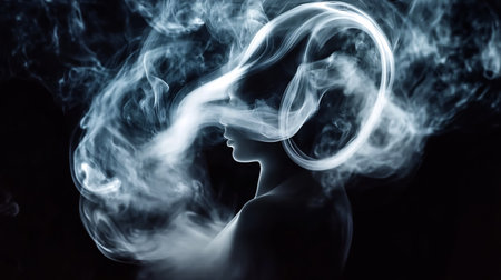 Silhouette of a woman in smoke on a black background.の素材