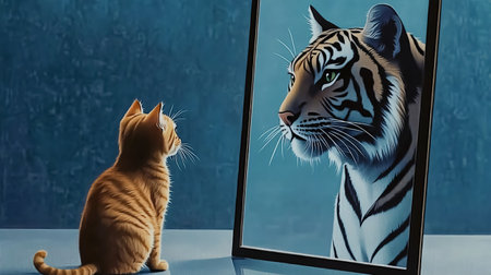 Tiger and cat looking through the mirror. 3D rendering.の素材