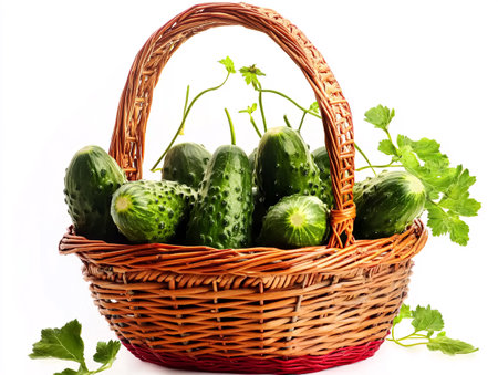 Fresh cucumbers in a wicker basket on a white background.の素材