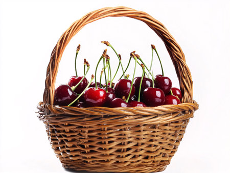 Ripe cherries in a wicker basket on a white backgroundの素材