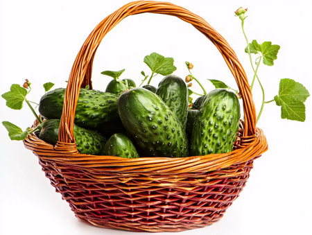 Fresh cucumbers in a wicker basket on a white background.の素材