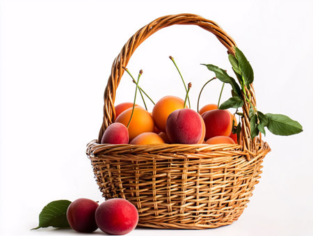 Basket with apricots and cherries on a white backgroundの素材