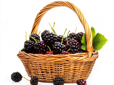 Blackberries and cherries in a wicker basket on a white backgroundの素材