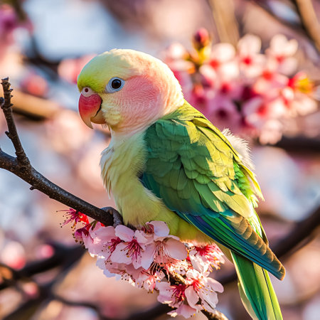 Lovebird on a branch of a blossoming tree with pink flowersの素材
