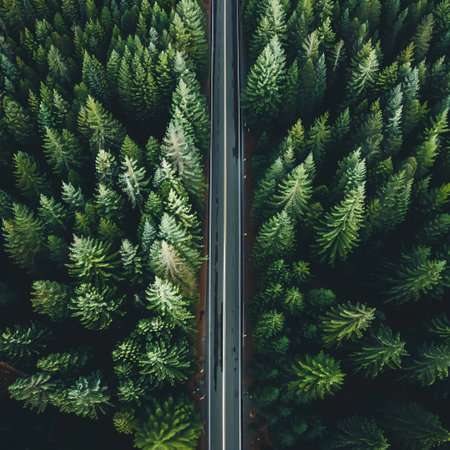 Aerial view of a road in the forest. Drone photography.の素材