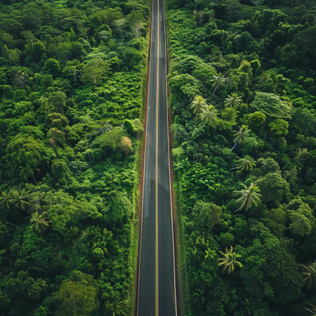 Aerial view of the road through the green tropical forest. Drone photographyの素材