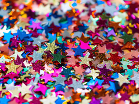 Multicolored shiny confetti background. Shallow depth of field.の素材