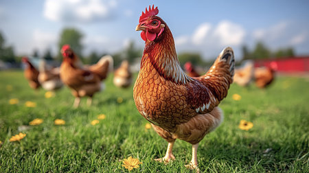 Chickens on the farm. Chickens on green grass.の素材