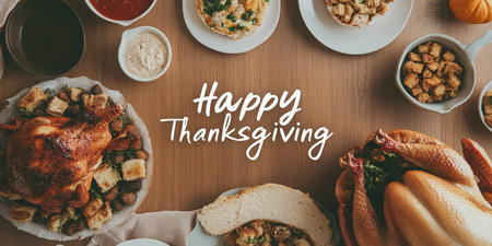 Traditional Christmas food. Roasted turkey or chicken with mashed potatoes, nuts and spices on wooden background. Top view with copy spaceの素材