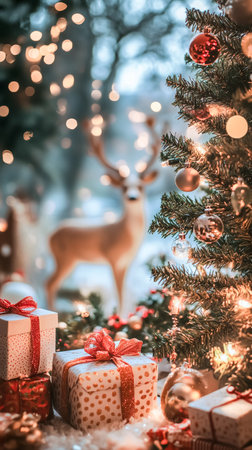 Christmas background with Christmas tree, gifts and deer on bokeh backgroundの素材
