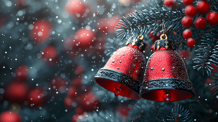 Christmas background with red bells on spruce branches, 3d renderの素材