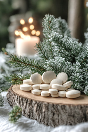 Christmas decoration on white wooden background. Top view with copy space.の素材