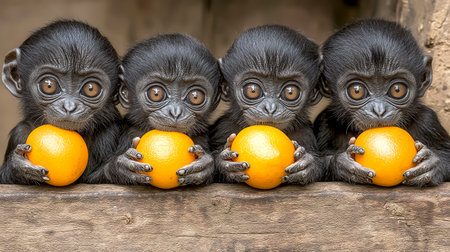Monkeys with oranges on a wooden background, close-up.の素材