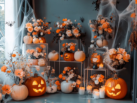 Halloween decorations with pumpkins, flowers and candles in the interiorの素材