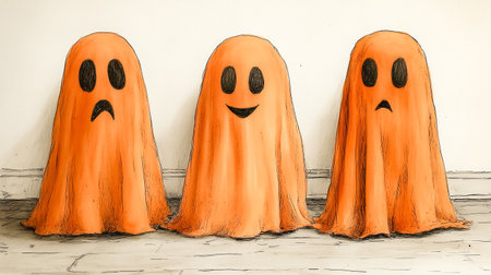 Halloween ghost in halloween decoration on white wall background.の素材