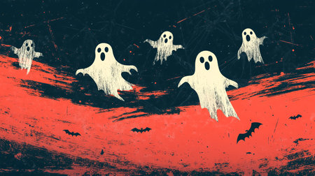 Halloween background with ghosts and bats on grunge background. Vector illustration.の素材