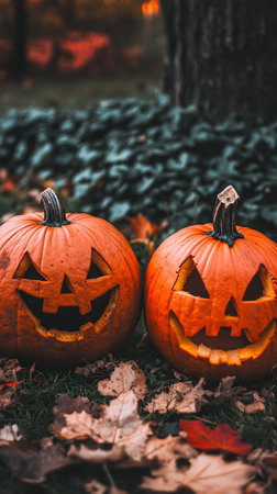 Halloween pumpkins with scary faces on green grass in autumn parkの素材