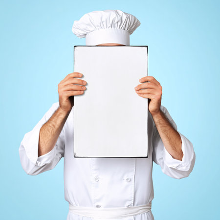 Chef holding blank paper in front of his face on blue backgroundの素材
