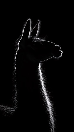 Silhouette of a llama on a black background in the shadowの素材