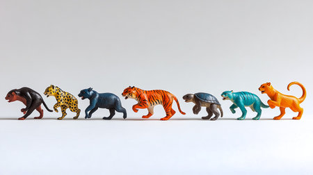 Ceramic figurines of wild animals and reptiles on white backgroundの素材