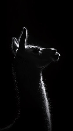 Silhouette of a llama on a black background in profileの素材