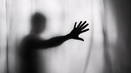 Silhouette of a man behind the white curtain, black and whiteの素材