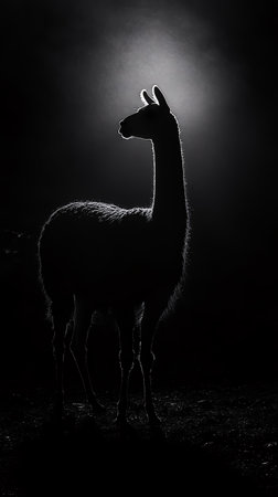 Silhouette of a llama on a dark background with a spotlightの素材