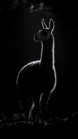 Silhouette of a llama on a dark background. Black and white photo.の素材