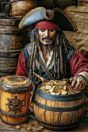 Pirate with a treasure chest. Portrait of a man in a pirate costume.の素材
