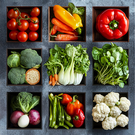 Variety of fresh vegetables in wooden boxes on grey background. Top view.の素材