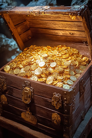 Treasure chest full of gold coins. Shallow depth of field.の素材