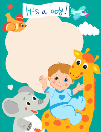 Baby Boy Shower Invitation Card With Funny Giraffe, Elephant And Bird. Vector Cartoon Illustration. Invitation Card Template. Invitation Card Design. Invitation Card Ideas. Invitation Card Sample.のイラスト素材