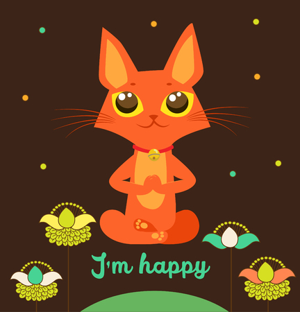 Meditating Cat Vector. Yoga Cat Vector. Cute Red Cat And Message I'M Happy. Vector For Poster Print Greeting Card T Shirt Apparel Design. Yoga Cat Figurine. Cat Costume. Cat As Toy. Yoga Cat Pose.のイラスト素材