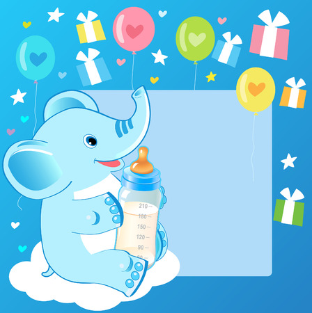 Cute Elephant With Milk Bottle. Welcome Baby Boy Card. Vector Illustration. Cute Elephant Drawing. Happy Birthday. Cute Elephant Baby Eating. Cute Elephant Baby. Cute Elephant Template.のイラスト素材