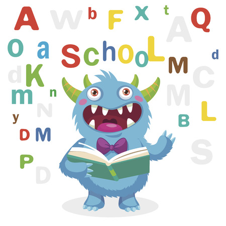 Funny Monster Read Book On A White Background. Cartoon Vector Illustrations. Back to School Theme. Colored Letters Vector. Cartoon Monster Mascot.のイラスト素材