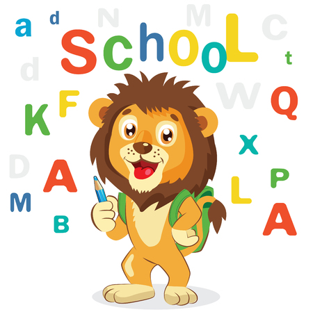 Funny Lion On A White Background. Cartoon Illustrations. Back to School Theme. Colored Letters . Cartoon Lion Mascot.のイラスト素材